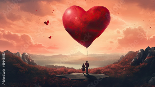 A couple holding a heart-shaped balloon with a beautiful background