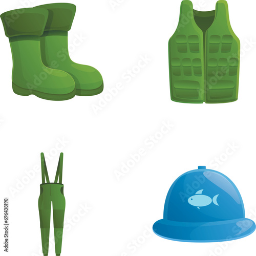 Fisherman clothing icons set cartoon vector. Various item of fisherman clothes. Pastime, hobby, fishing