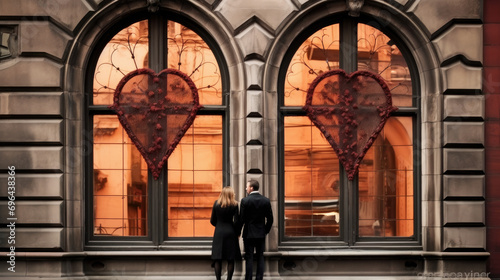 A photo of a couple admiring a heart-shaped window at a historic building