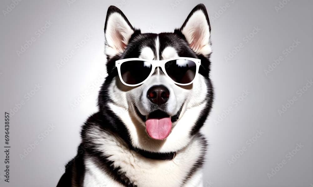 Siberian husky dog in sunglasses. Isolated on white background.