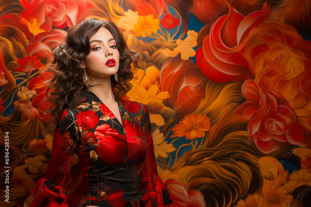 Happy Chinese New Year. Asian woman in traditional red and black dress.