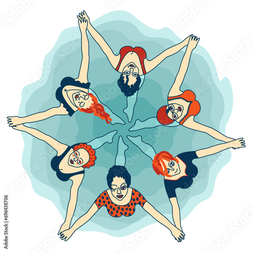 Synchronized swimming. Girls making star figure in water. Vector isolated illustration.