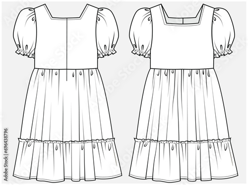 PUFF SLEEVES TIERED DRESS DESIGNED FOR TEEN AND KID GIRLS IN VECTOR ILLUSTRATION FILE