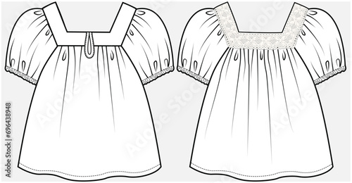 BALOON SLEEVES BOHEMIAN BLOUSE WITH SQUARE NECKLINE DETAIL DESIGNED FOR TEEN AND KID GIRLS IN VECTOR ILLUSTRATION FILE