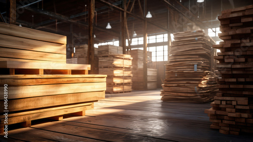 Material wood warehouse plank wooden construction stack pile timber background board industrial lumber