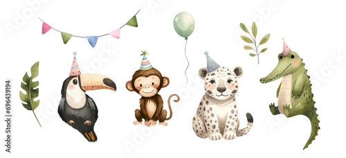 Collection of Birthday Jungle Animals illustrations. Watercolor colorful clip art elements, ready to print. Perfect for invitation, card, banner, decorations, stickers, patterns