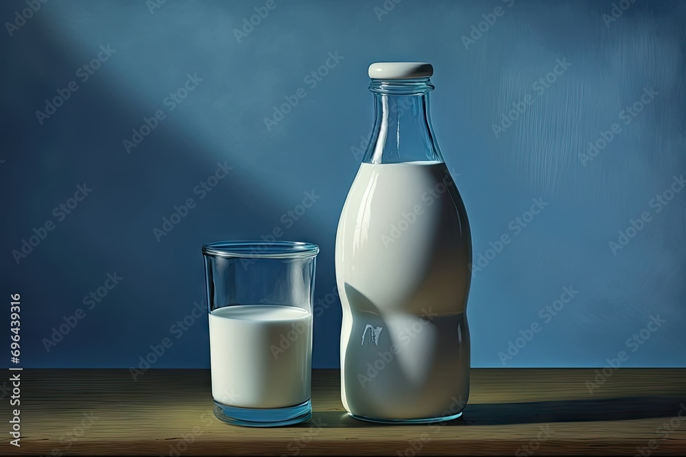 Milk in a bottle and glass on a wooden table Milk in a bottle and glass on a wooden table