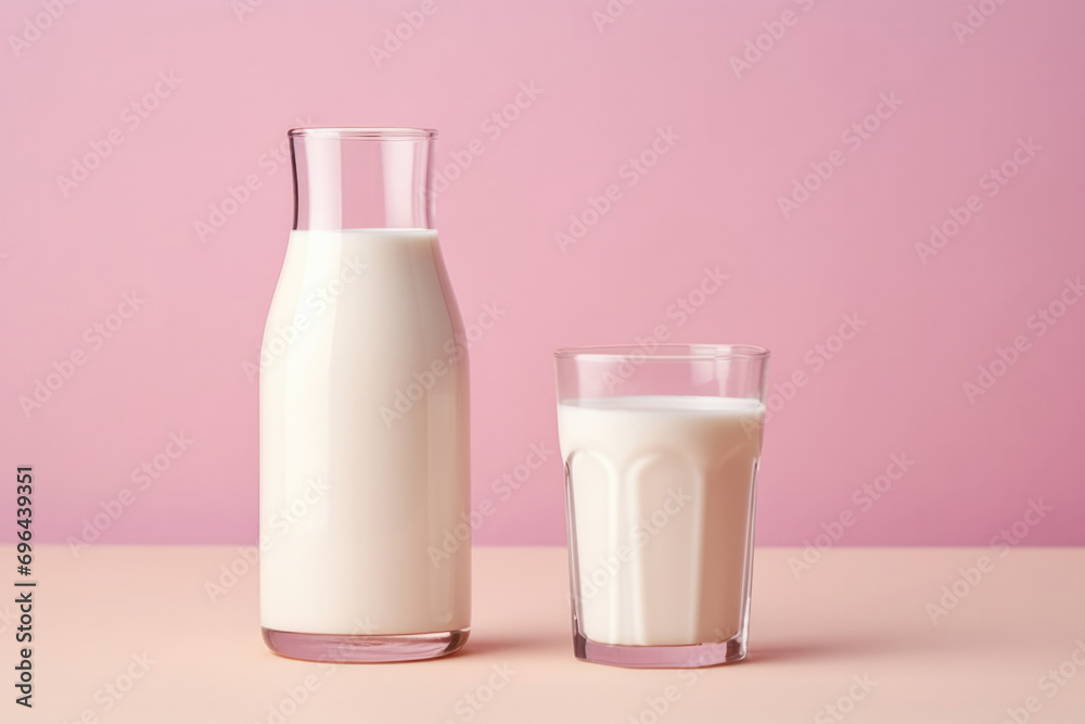 Bottle and glass of milk on wooden table on pink background Bottle and glass of milk on wooden table on pink background