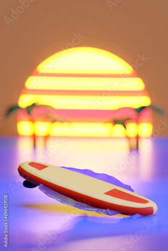 Macro focus surfboard  in summer style on blurred background of sea at sunset. 3D rendering of 80's retro wave background.
