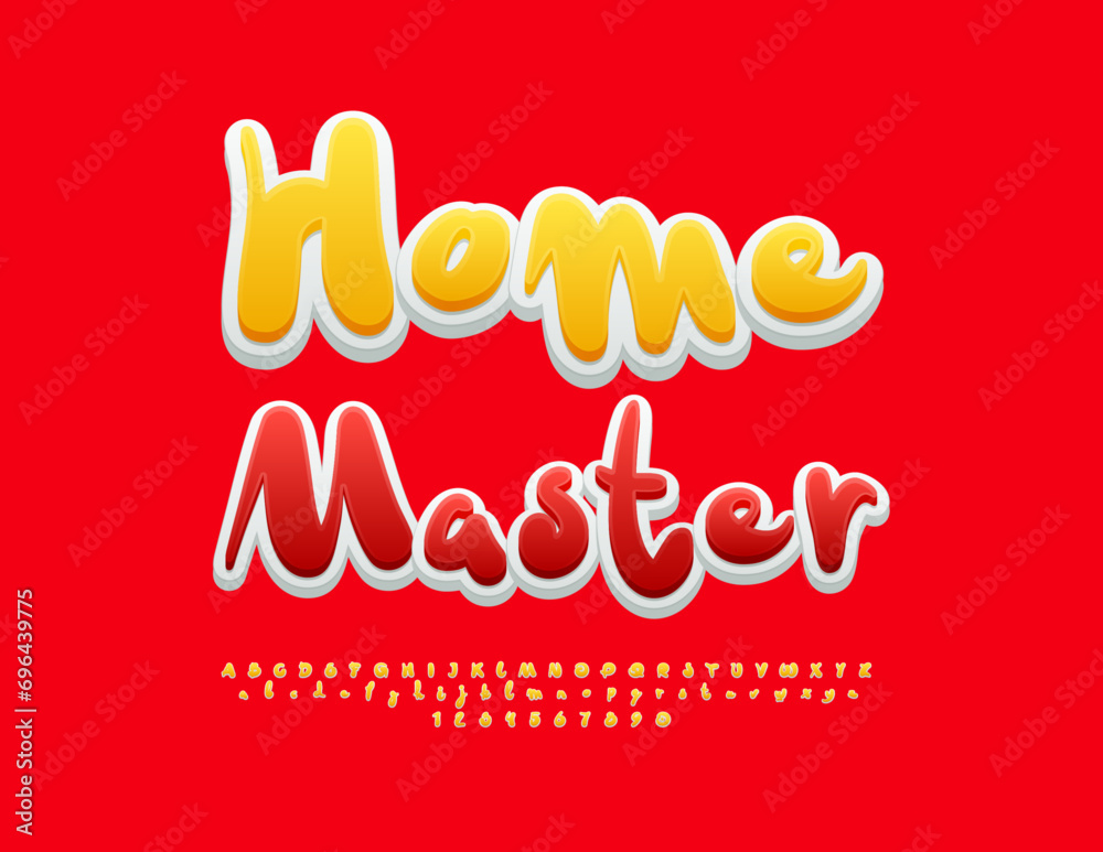 Vector bright Logo Home Master.  Funny Red Font. Modern Handwritten Alphabet Letters and Numbers