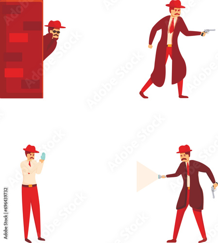 Man detective icons set cartoon vector. Mystery inspector investigating case. Pursuit, crime detection