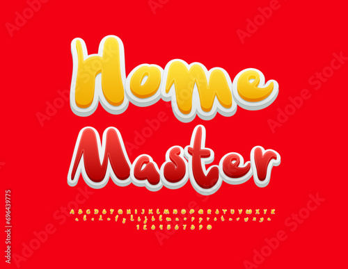 Vector bright Logo Home Master.  Funny Red Font. Modern Handwritten Alphabet Letters and Numbers