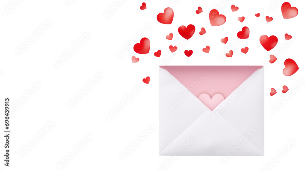 Happy Valentine's Day card with love envelope and hearts Isolated on a transparent background.