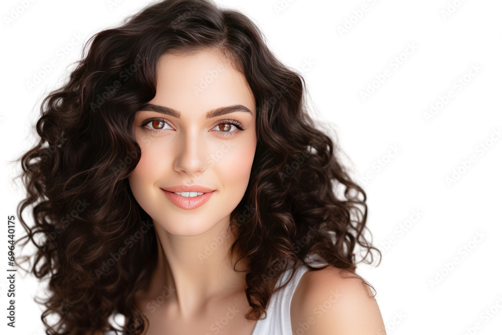 Close-up of a beautiful young woman with curly dark hair looking at the camera with a charming smile. on a transparent background Close-up of a beautiful young woman with curly dark hair looking at the camera with a charming smile. on a transparent background