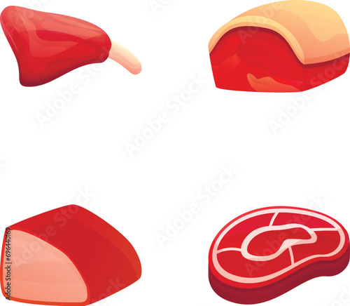Meat food icons set cartoon vector. Various type of fresh meat product. Food, gastronomy