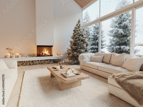 3D illustration. Holiday Table Setting with Christmas Tree and Fireplace 