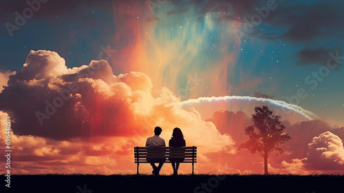 A photo of a couple sitting on a bench, gazing up at a heart-shaped rainbow in the sky photo