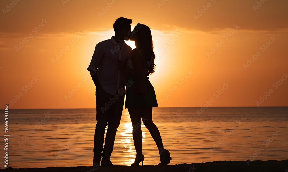 Silhouette of a romantic couple on the beach at sunset.