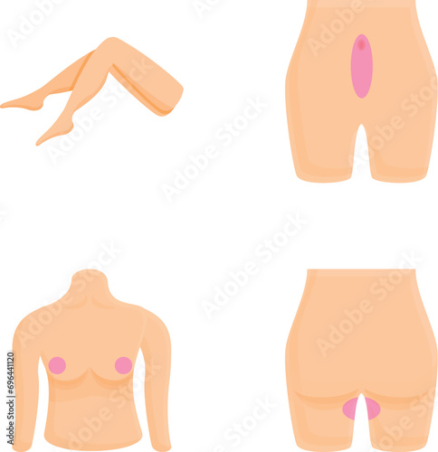 Depilation icons set cartoon vector. Various area for depilation. Epilation, hair removal