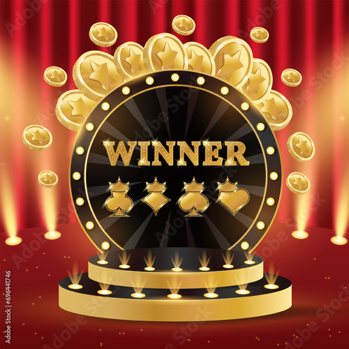 Casino podium winner. 3d retro casino podium. Podium with coins, playing cards symbols and winner. Casino scene, stage, studio or room.