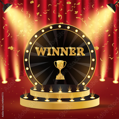 Casino podium winner. 3d retro casino podium. Podium with cup and winner. Casino scene, stage, studio or room.