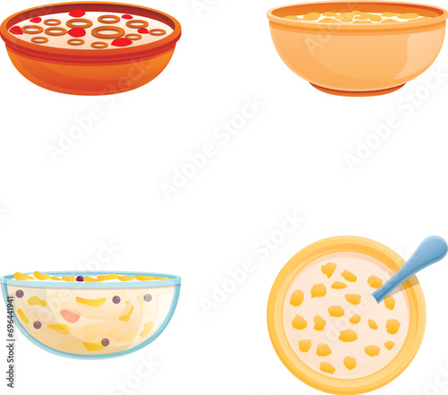 Breakfast cereal icons set cartoon vector. Cereal flakes with milk and fruit. Healthy nutrition