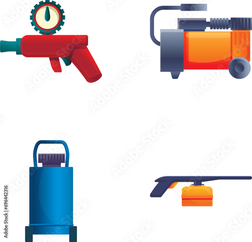 Reciprocating compressor icons set cartoon vector. High pressure air compressor. Industrial equipment