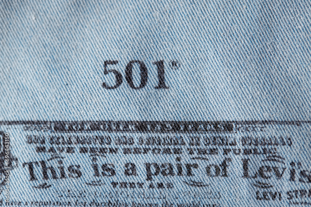 Close up of the details of new LEVI'S 501 Jeans on the inside. label ...