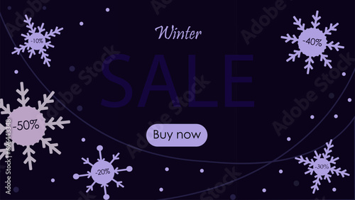 Winter sale with buy now button, -50%, -40%, -30%, -20%, -10%, vector illustration, banner.