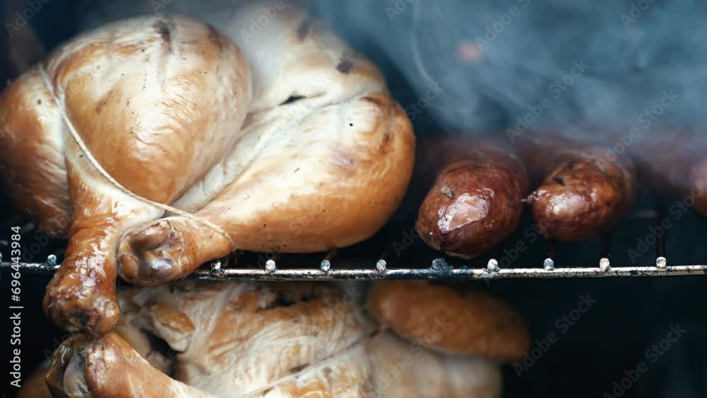 Chicken and sausage in a smoker box outside 