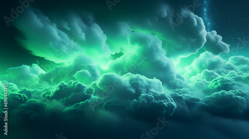 abstract background. Stormy cumulus. Blue fluffy cloud illuminated with green neon light. Minimal wallpaper