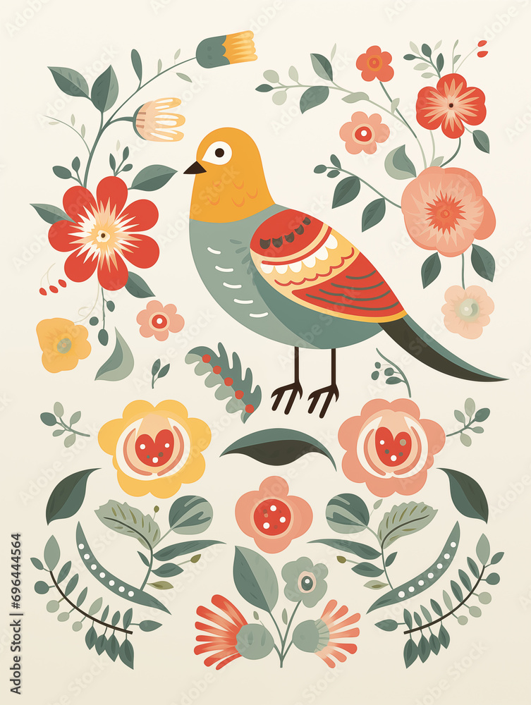 Pássaro fofo com flores e plantas - Ilustração infantil no estilo escandinavo simples 