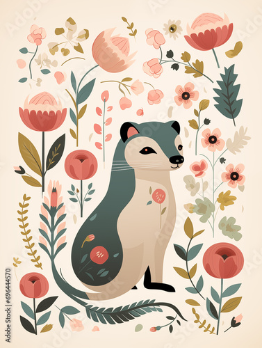 Furão fofo com flores e plantas - Ilustração infantil no estilo escandinavo simples 