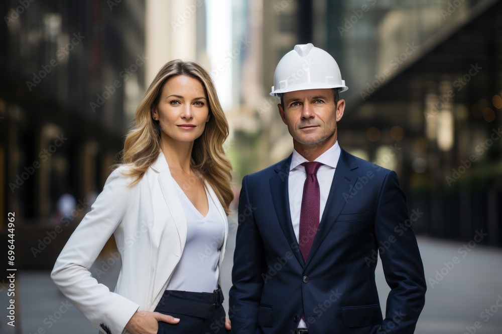 Business man and business woman both wearing hard hats with an office block behind them. Business man and business woman both wearing hard hats with an office block behind them.