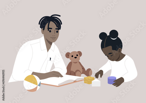 Family moment, a parent reading a book aloud while the child enjoys playing with building blocks