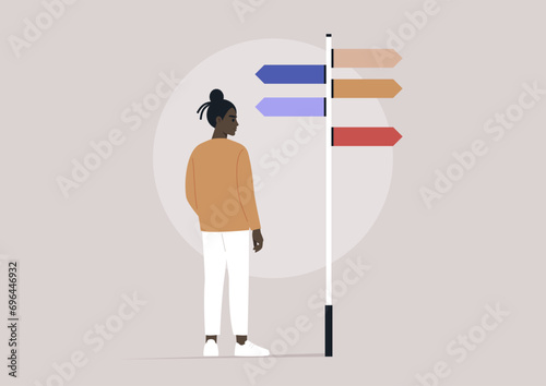 A pivotal moment for a character standing before a signpost adorned with multiple directional arrows, symbolizing various life paths, signifying a decision with profound implications