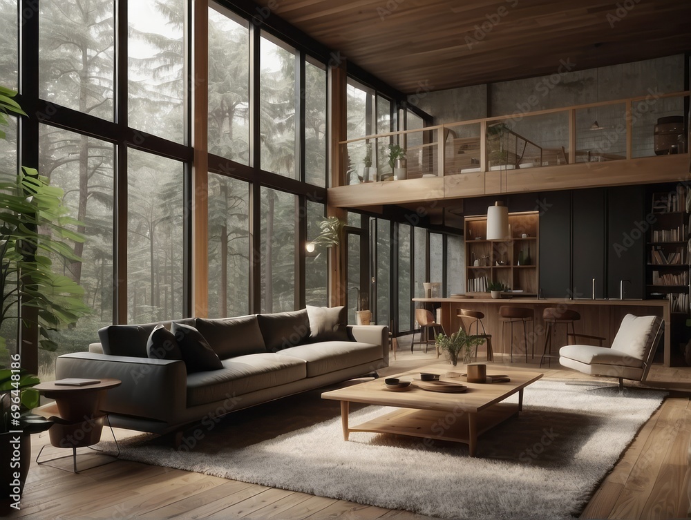 Mid-century loft home interior design of modern living room in house in forest