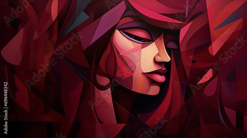 face of a woman in cubist style on red background photo