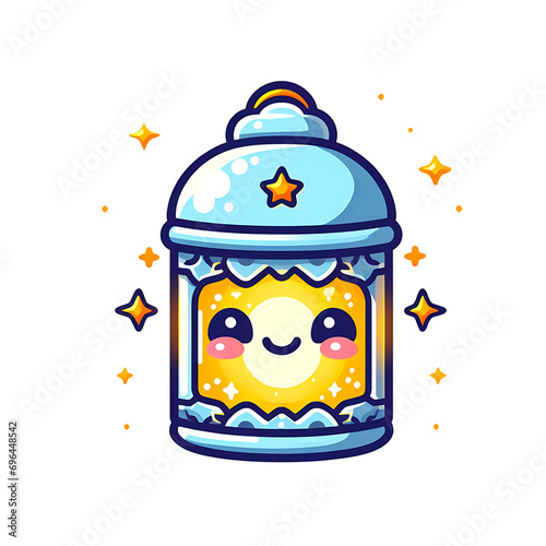Illustration of adorable moroccan light blue lantern with light of stars and sparkling joyfull in a cartoon Sticker design style