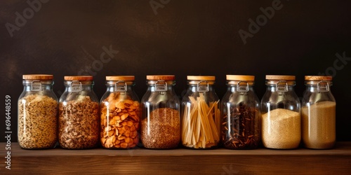 Dried Goods in Glass Jars on Brown Wooden Shelves: Healthy Food Ingredients for Storage and Display