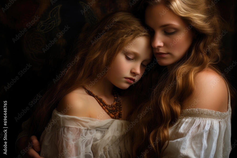 Portrait of a beautiful mother and daughter on a dark background, A young loving mother hugging her teenage daughter, AI Generated