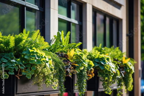 Closeup of green perennial plants in window planters boxes adorning city building. Flower filled window boxes. Urban gardening landscaping design