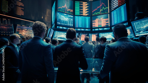 A man plays a financial exchange with his hand raised in front of screens with stock and bond quotes reflecting price charts in a crowd of people. Economic Analysis. Macroeconomics. Horizontal banner photo