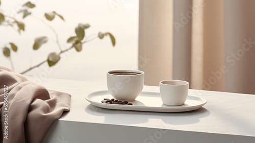 Enjoy the simplicity of a cup of coffee set against a pristine white background, inviting a moment of calm and caffeine indulgence.