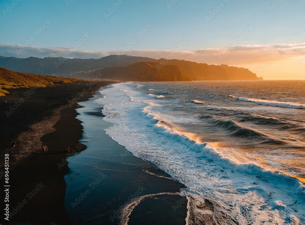 Coast of volcanic beach at golden hour