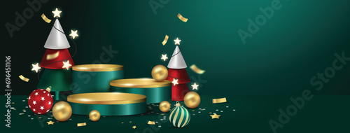 Festive Christmas stage podium decoration for product display on green banner background, vector design