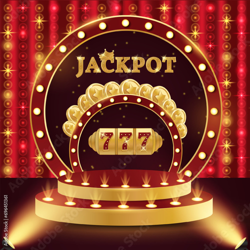Casino jackpot podium. 3d retro casino podium. Podium with coins, slot machine and jackpot. Casino scene, stage, studio or room.