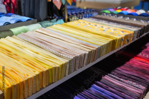 Many different ties of multi colors yellow gradient assortment display at the exhibition showcase. Large assortment of items for customers to choose from photo
