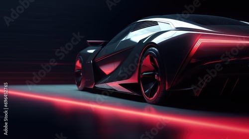 A futuristic sleek and aerodynamic car driving through a neon-lit tunnel. 