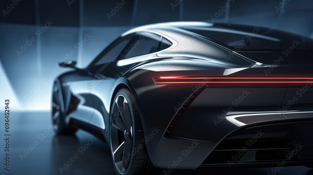 A futuristic sleek and aerodynamic car driving through a neon-lit tunnel.
